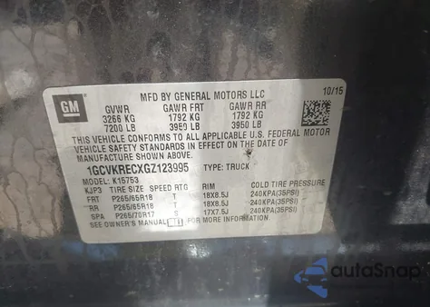 2016 Chevrolet Silverado 1500 2Lt из США, поврежденный, VIN 1GCVKRECXGZ123995